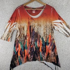 Jostar Rhinestone Feather Blouse Fairy Sz XL Made USA Cottage Festival 3/4 Sleev